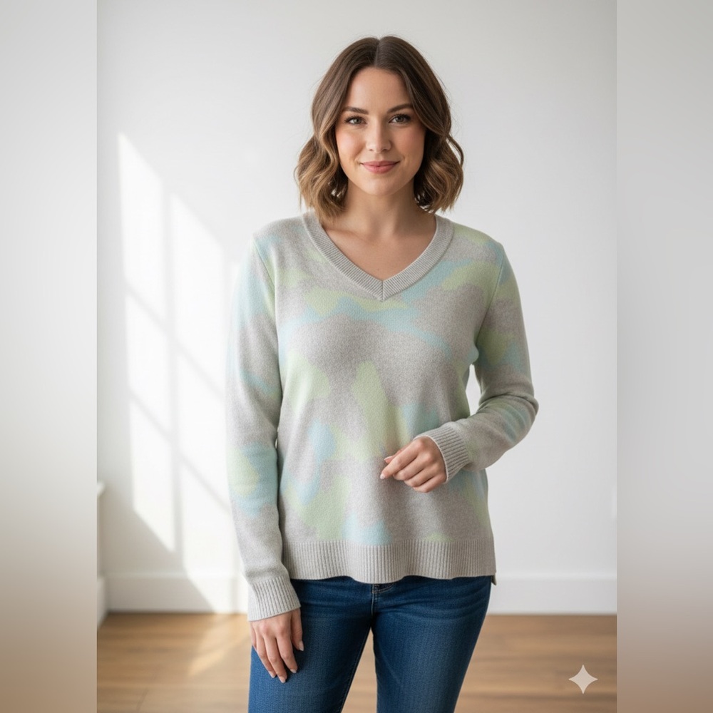 NEW Alashan Cashmere Cotton Ashlee V-neck sweater watercolour camo print xs